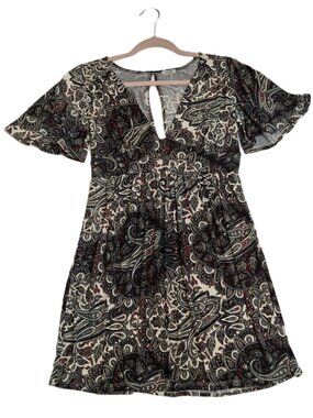Eoote Sz M Grey Pailsley Empire Fit n Flare Mini Dress Stretch Flutter Sleeves